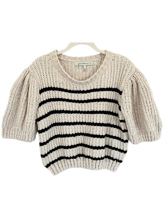 Designer Inspired Striped Puff Sleeve Cropped Sweater Cream/Black M Soft Knit - Picture 1 of 6
